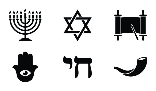 Jewish Symbols Vector Icons: Menorah, Star of David, Torah Scroll, Hamsa, Chai, Shofar