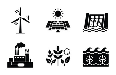 Naklejka premium Renewable Energy Icons: Solar, Wind, Hydro, Biomass, Geothermal, Factory Set