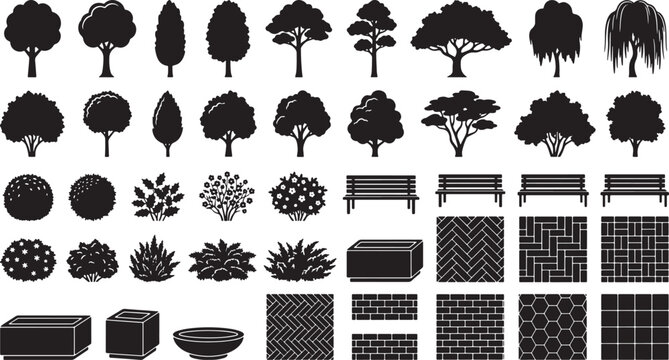 Set of black silhouettes of trees, shrubs, park benches, paving patterns, and garden planters for landscape design