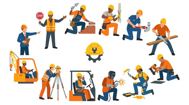Construction workers, laborers, builders icons set, vector illustrations, yellow hard hats, orange vests