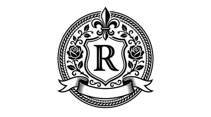 Decorative circular badge with letter R and fleur de lis © Koi