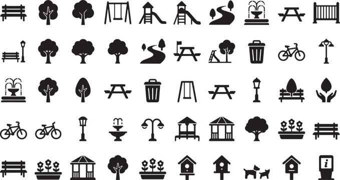 Set of black park and outdoor recreation icons featuring trees benches playground equipment and urban landscape elements
