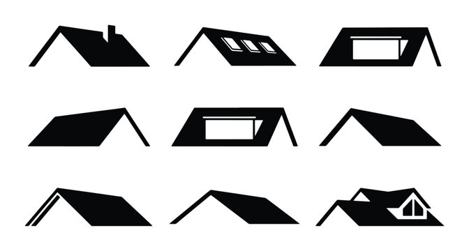 Roof Icons Set, Building Elements, Architectural Shapes, Construction Symbols, Vector Graphics