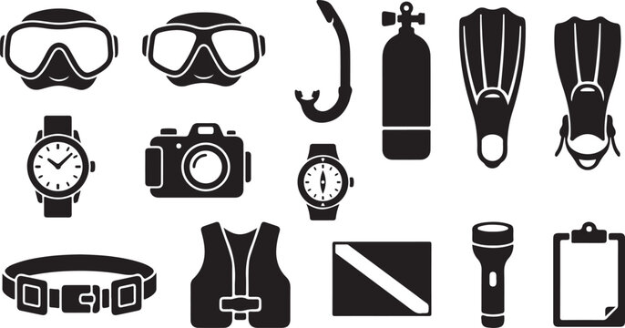 Scuba diving equipment icons set, including mask, snorkel, fins, oxygen tank, camera, watch, compass, belt, vest, flag, flashlight, and clipboard