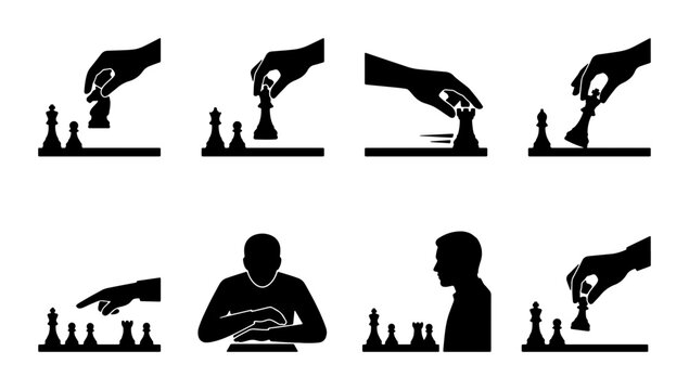 Chess Game Strategy Icons, Silhouette Pieces and Player Poses, Strategic Board Game Moves, Intellectual Competition and Decision Making