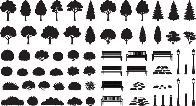 Set of park elements silhouettes including various trees bushes benches street lamps and stone path vector illustration