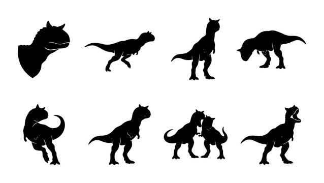 Dinosaur Silhouettes Collection, Carnotaurus Vector Icons Set, Prehistoric Animal Poses for Graphic Design, Ancient Reptile Illustrations