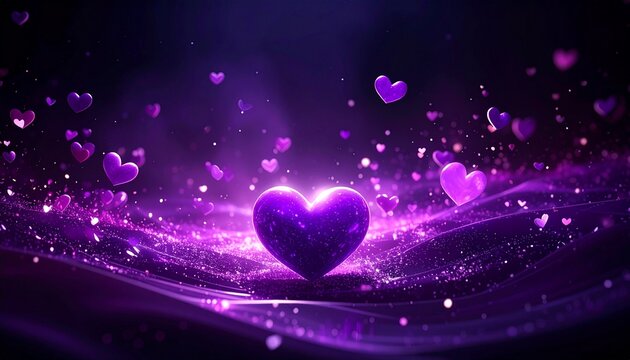 Purple heart sparkles float in a dark, ethereal scene