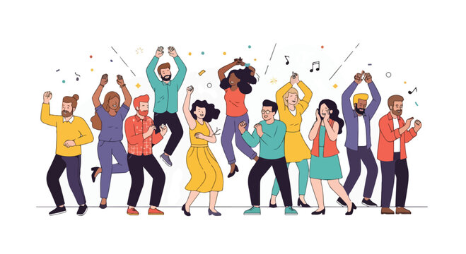 A diverse group of people dancing and celebrating