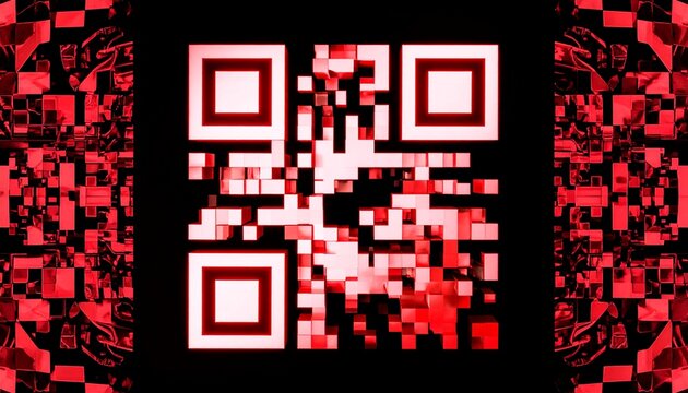 Red neon QR code flanked by abstract geometric patterns
