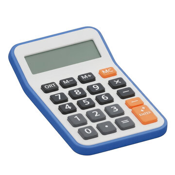 Small blue electronic calculator with black buttons for business math isolated on transparent background