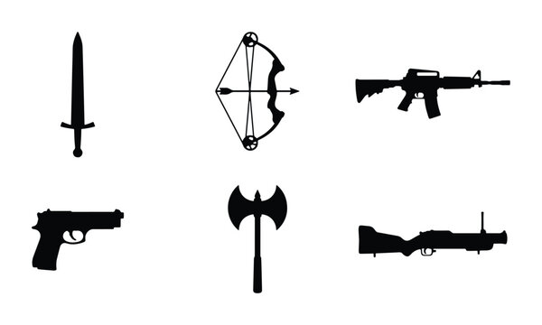 Weapon Silhouettes: Sword, Bow, Pistol, Axe, Rifle, Machine Gun Icons