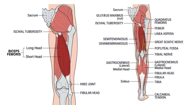 Human leg posterior muscles and nerves anatomical diagram