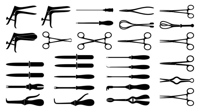 Collection of gynecological and surgical tool silhouettes