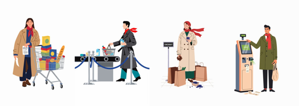 Flat vector illustrations of diverse people shopping for groceries, using carts, baskets, and self-checkout systems in a supermarket setting.