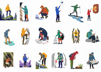 Set of Flat Illustrations Featuring Adventurers and Scientists Exploring Nature, Caves, Mountains, and Archaeological Sites in Professional Outdoor Gear