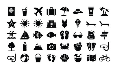 Summer Vacation Icons Set, Travel Holiday Beach Symbols, Tropical Getaway Vector Graphics © Mahmud