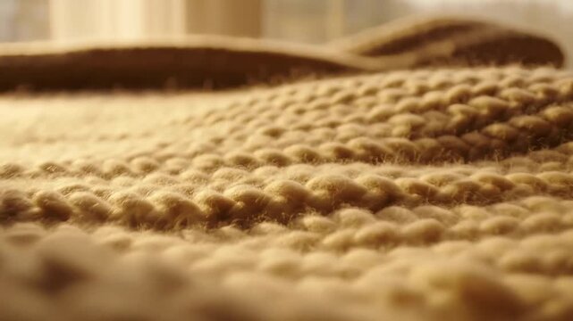 Low angle close-up of thick knitted blanket in warm window light