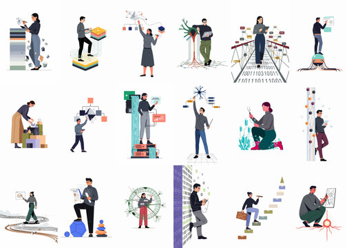 Collection of flat illustrations representing people interacting with data, artificial intelligence, machine learning, neural networks, and innovative technology concepts for modern business projects.