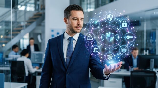 Cybersecurity professional analyzing data protection network with holographic interface in modern office environment