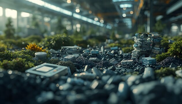 Green moss and plants growing over discarded electronic waste and motherboards for e-waste recycling and environmental ecology concept