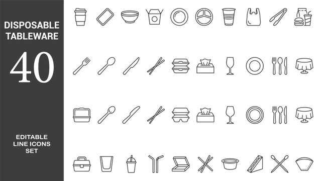 Set of 40 outline icons related to disposable tableware. Linear icon collection. Editable stroke. Vector illustration