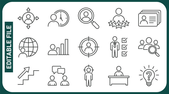 Set of Head Hunting Related Vector Line Icons. Contains such Icons as Career growth, Bulb, Candidate, Search, CV, Card Index, Outsource and more. Editable Stroke. 32x32 Pixel Perfect