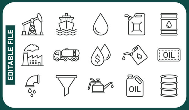 Set of Oil Related Vector Line Icons. Contains such Icons as Fuel Truck, Gas Station, Oil Factory, Transportation and more 