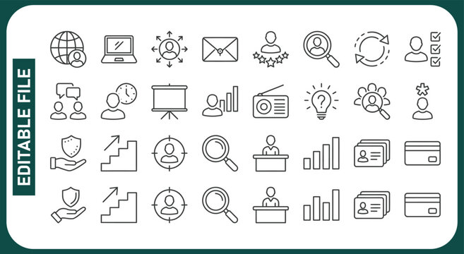Set of Head Hunting Related Vector Line Icons. Contains such Icons as Career growth, Bulb, Candidate, Search, CV, Card Index, Outsource and more