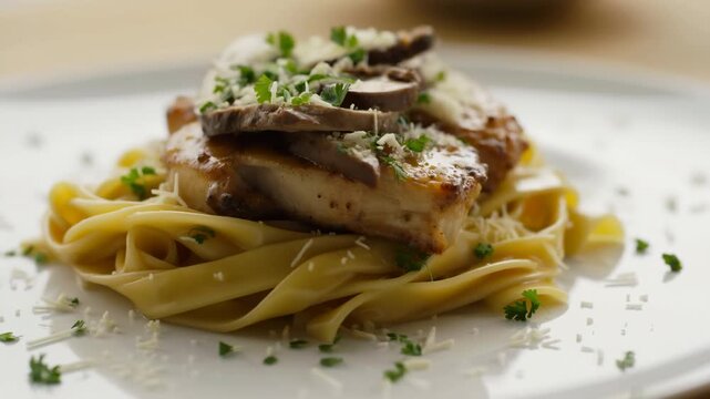 Seared scallops on tagliatelle with mushrooms and grated cheese