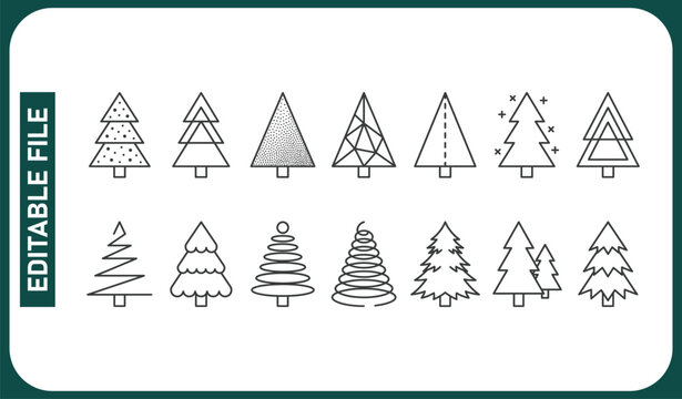 Christmas Tree thin line icon set. Stylized linear icons of artificial snow, spruce, present box fir. Editable Stroke.