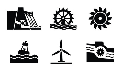 Renewable Energy Icons: Hydroelectric Dam, Water Wheel, Turbine, Windmill, Buoy © Mahmud