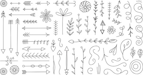 Obraz premium Hand drawn doodle arrows floral and decorative swirls in black and white