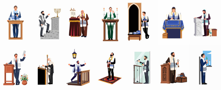 Set of Jewish men in religious prayer poses, wearing tallit and kippah, participating in various synagogue rituals and ceremonies.