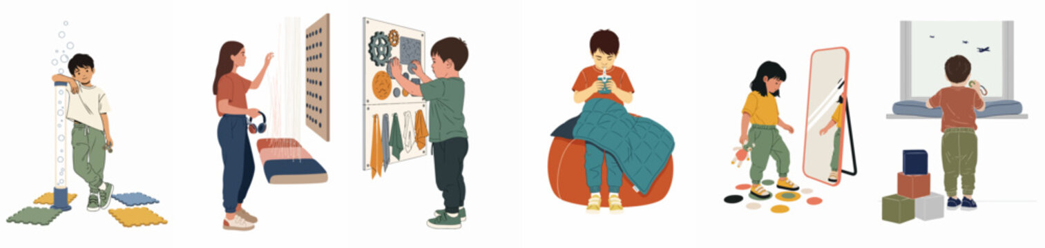 Illustration of children engaging in various sensory integration and therapeutic activities in a specialized sensory room setting.