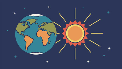 Naklejka premium Stylized planet earth next to a bright radiating sun in dark space filled with sparkling stars, flat vector art.