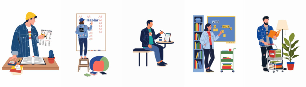Set of flat illustrations of people learning and teaching Spanish, focusing on verb conjugation, using books, whiteboards, and digital tablets in a classroom setting.