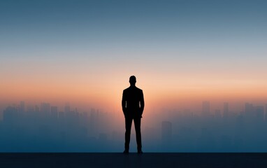 Fototapeta premium leadership concept with a lone executive silhouette overlooking a growing city skyline at sunrise
