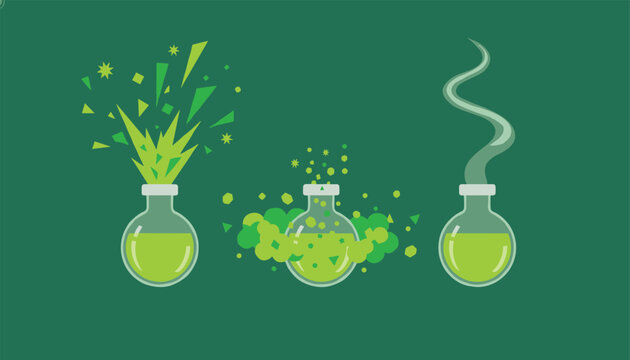 Green science lab beakers illustrating different chemical reactions including an explosion, a gas cloud, and a rising vapor trail.