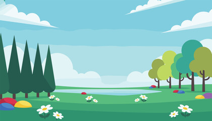 Obraz premium Peaceful green meadow landscape featuring a calm blue lake, tall pine trees, colorful deciduous trees, and white daisies in the grass.