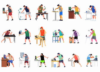Fototapeta premium Collection of illustrations depicting frustrated men experiencing tech rage and anger while working with various electronic devices at their desks.