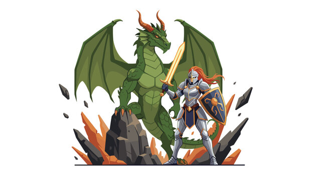 Brave female knight in full silver armor holding a sword and shield next to a mighty green dragon standing on a rocky mountain peak.
