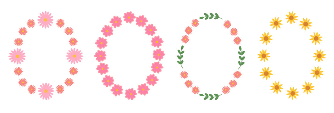 Flowers summer round rames set. Borders for social media banner, poster, placard, card or party invitation. Vector flat.