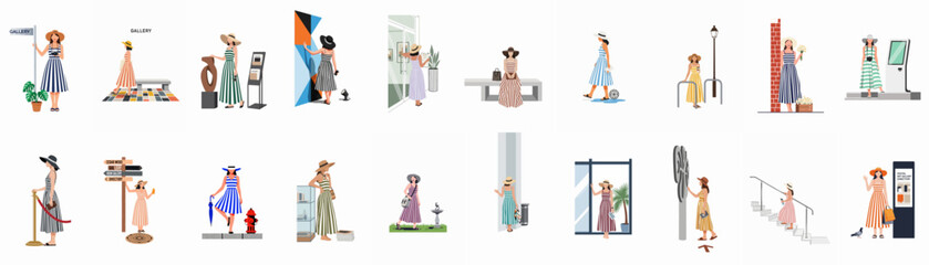 Collection of flat vector illustrations featuring a fashionable woman in striped dresses visiting art galleries, museums, and various urban tourist locations. © arjun