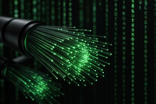 Close-up of illuminated green fiber optic cables against a background of falling digital code, representing data transfer and technology.