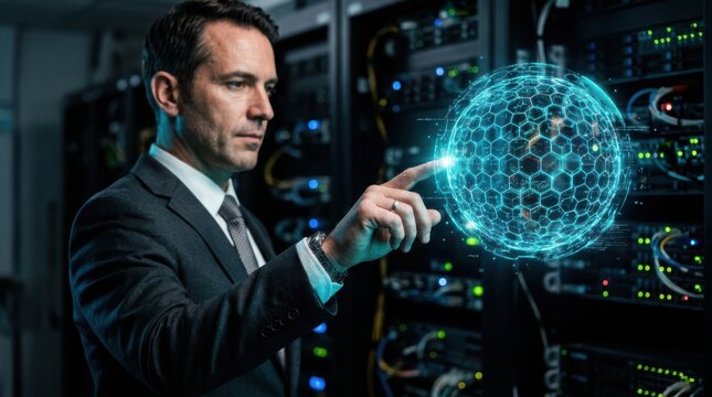 It professional interacting with holographic data sphere in server room cybersecurity concept