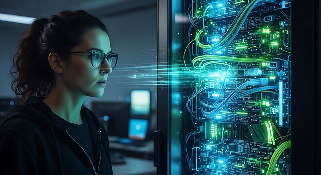 Laboratory scientist analyzing data on computer screen.