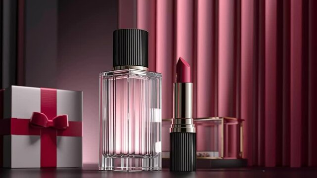 Gift perfume bottle lipstick cosmetic product pink curtain black cap glass bottle beauty product fragrance makeup gift ribbon bow feminine pink satin