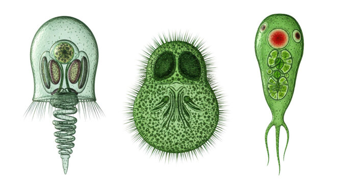 three hyperdetailed cgi protozoa (vorticella, paramecium, euglena) isolated on white, microscopic 8k view of complex internal cellular structures, concept of scientific microbiology
