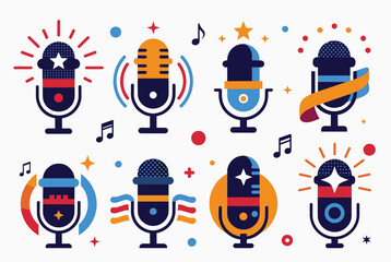 Fototapeta premium Colorful stylized microphone icons set with musical notes and stars for podcasting, radio broadcasting, and professional vocal performance themes.